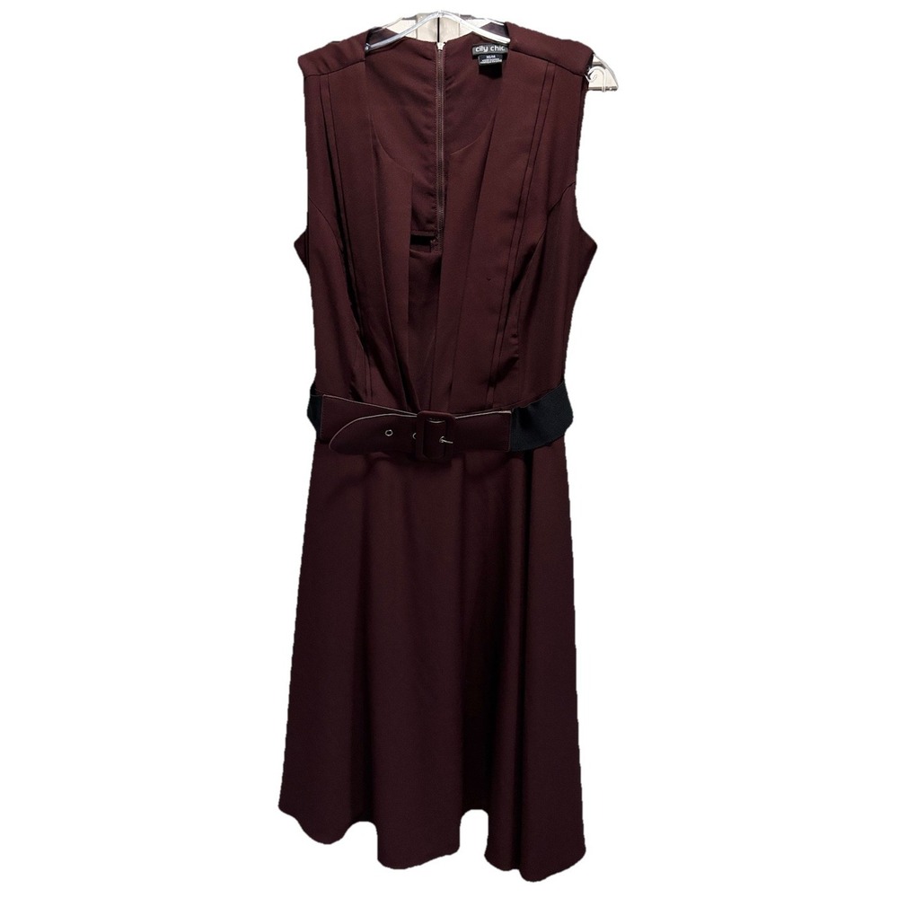 City Chic Burgundy Solid Sleeveless Fit Flare Dress Size XS/14 Back Zip‎ Belt